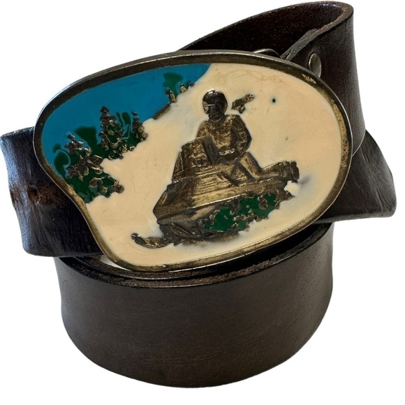 Vintage Snowmobile Enamel Buckle Leather Belt - Picture 1 of 6